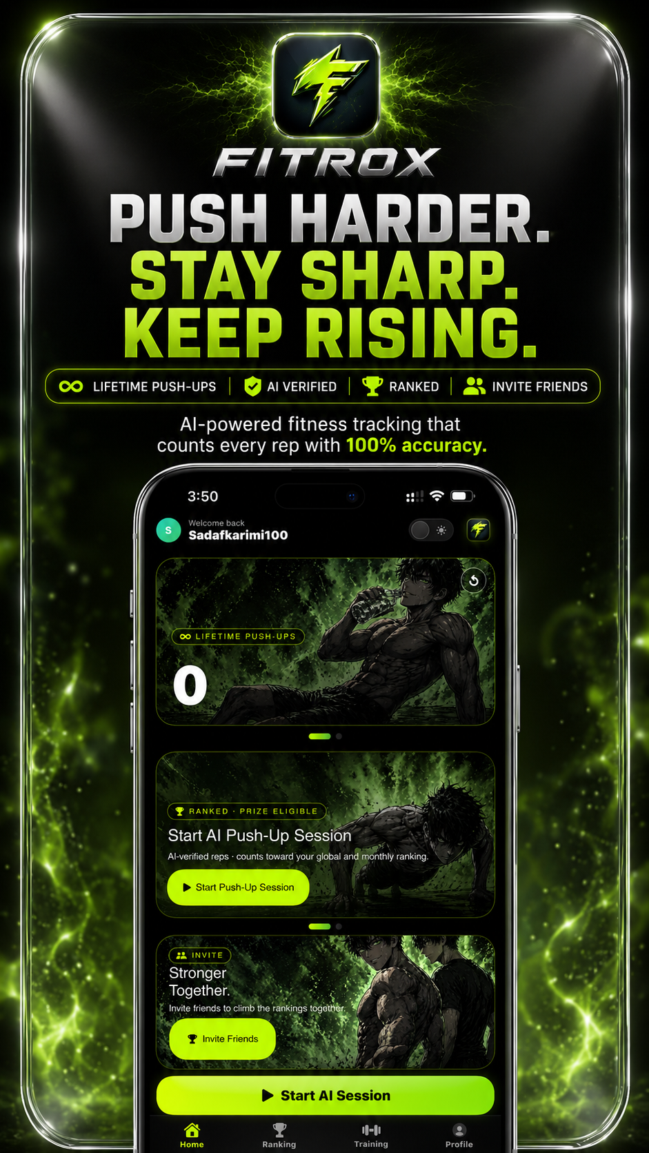 FITROX push-up competition home screen